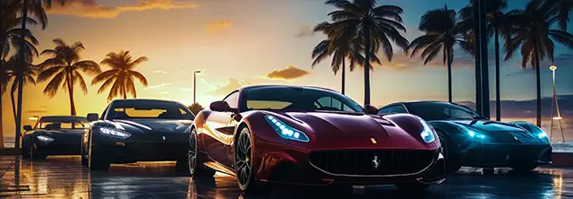 A view of a parking lot filled with luxurious cars, located by the beautiful Miami Bay.